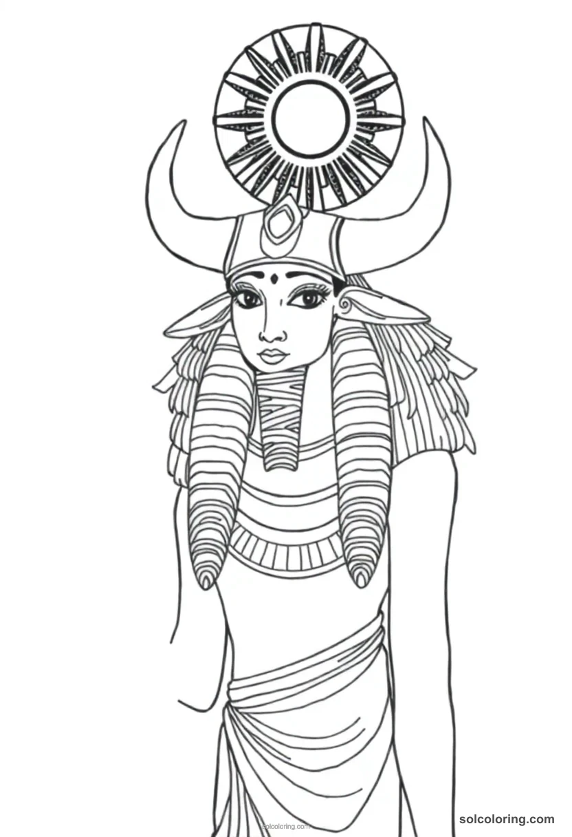 Hathor with Cow Horns and Sun Disk detailed coloring page for kids