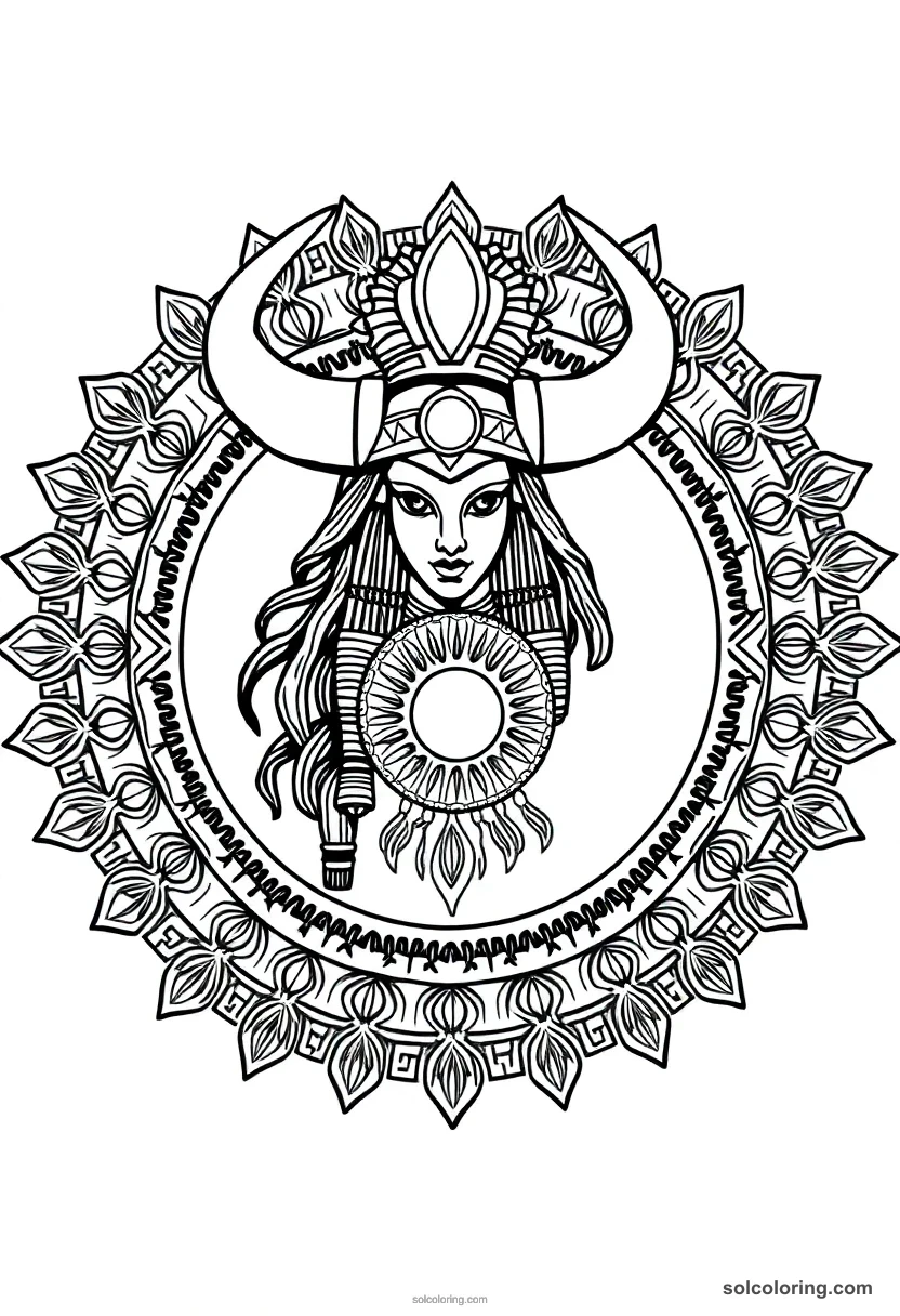 Mandala Hathor with Cow Horns and Sun Disk mandala coloring page for kids