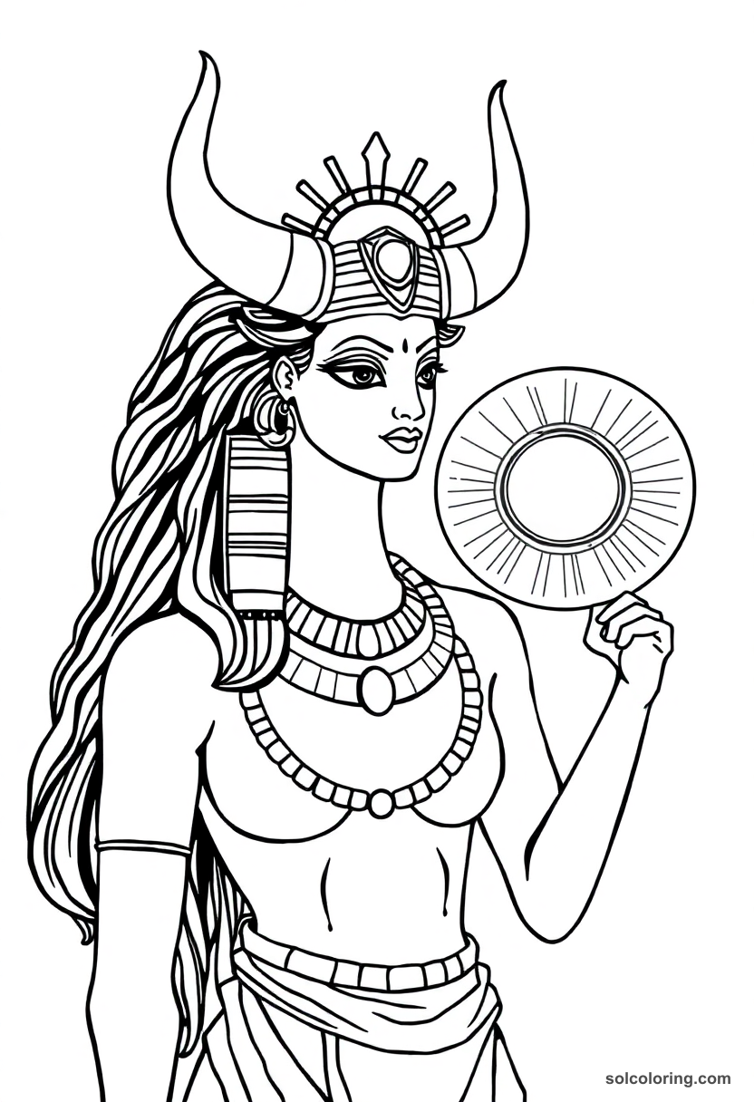 Hathor Egyptian goddess coloring page with cow horns and sun disk, bold outlines for easy coloring