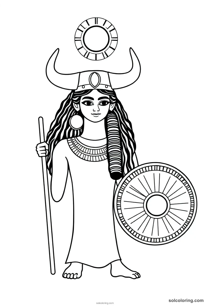 Simple Hathor with Cow Horns and Sun Disk simple coloring page for kids