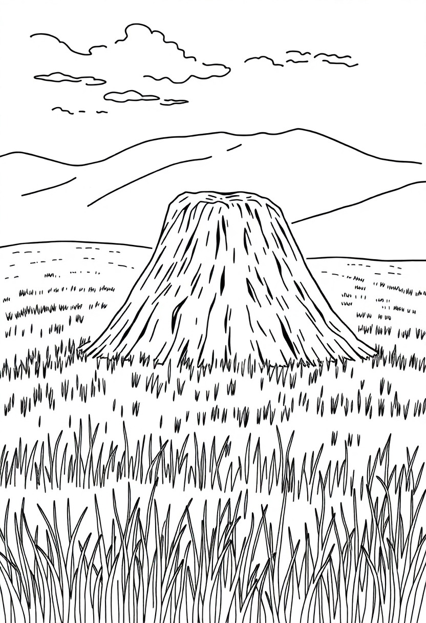 Haystack in golden field coloring page with detailed countryside scene, bold outlines, Impressionist art style