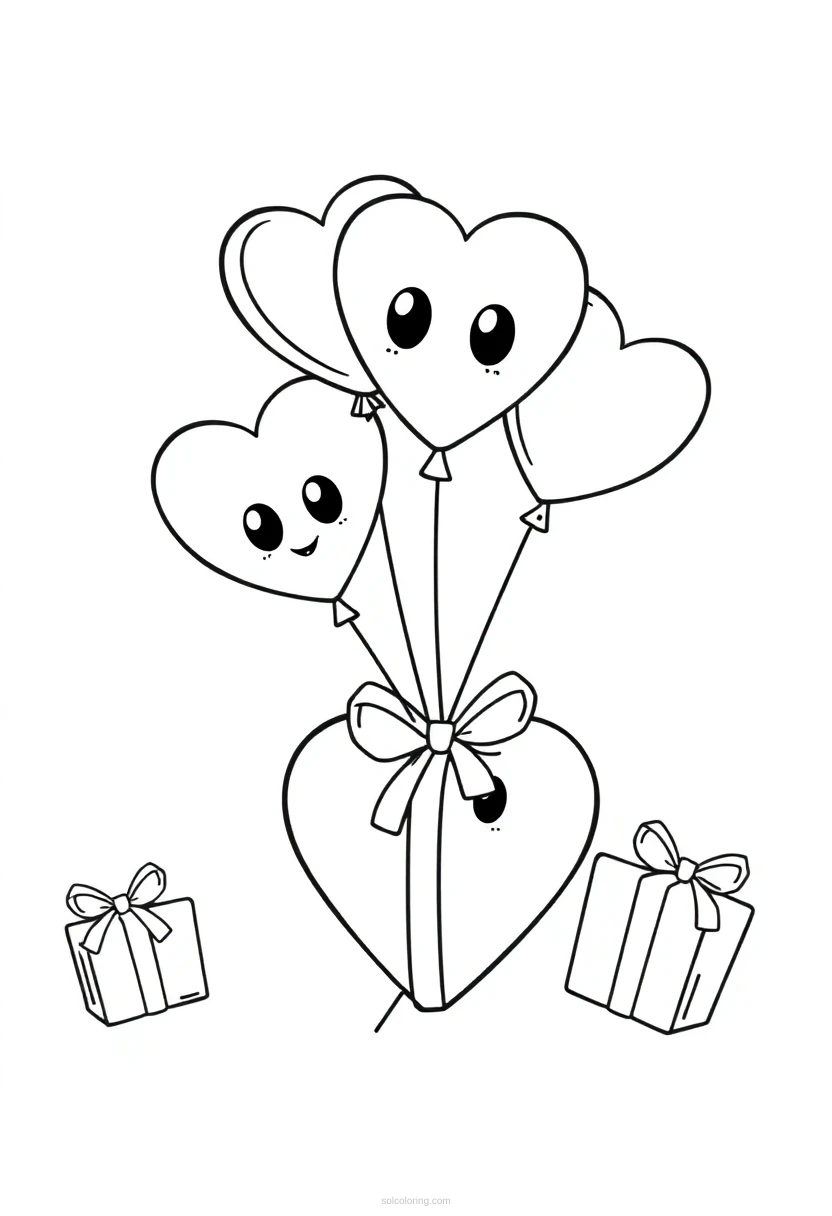 Heart-Shaped Balloons and Gifts coloring page for kids