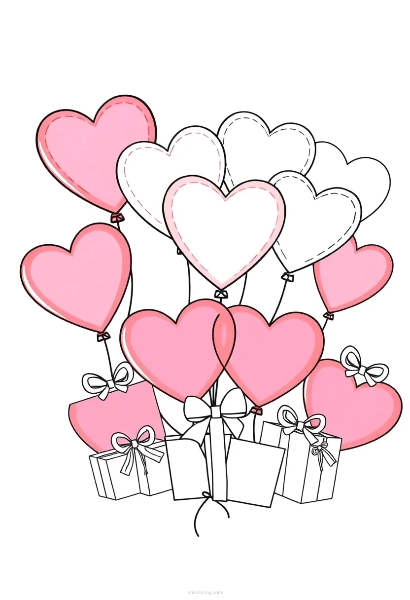 Heart-Shaped Balloons and Gifts coloring page for kids