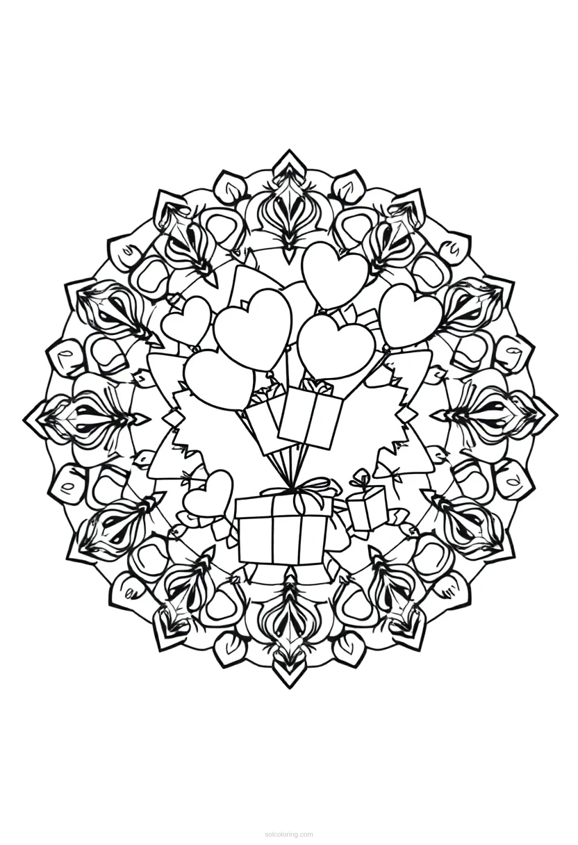 Heart-Shaped Balloons and Gifts coloring page for kids