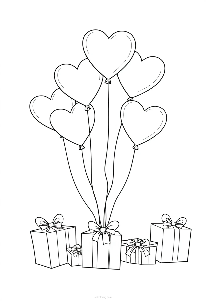Heart-Shaped Balloons and Gifts coloring page for kids