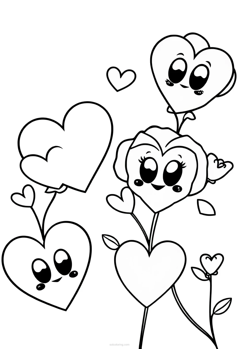 Hearts and Roses coloring page for kids