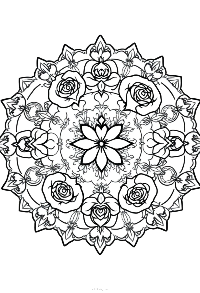Hearts and Roses coloring page for kids