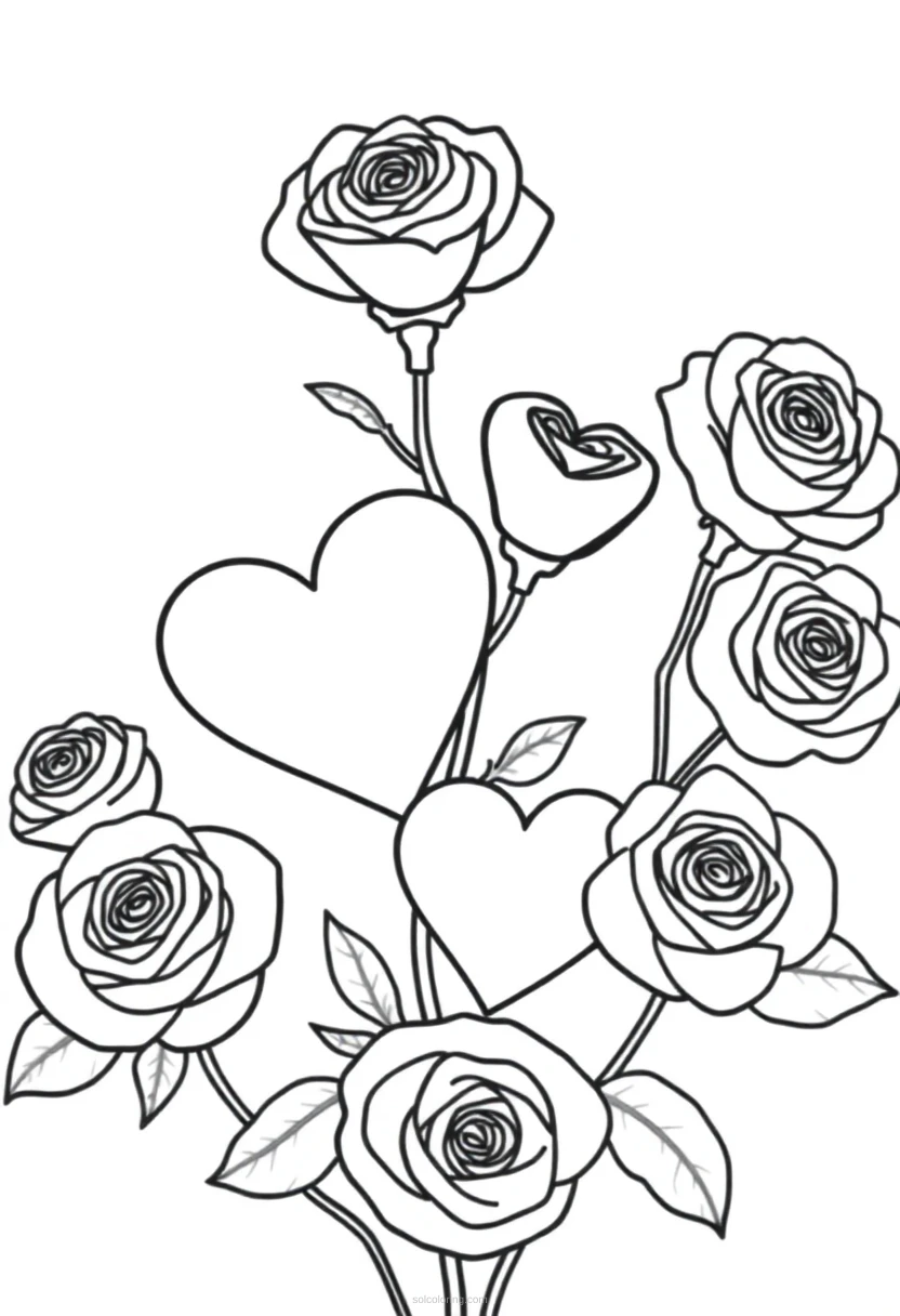 Hearts and Roses coloring page for kids