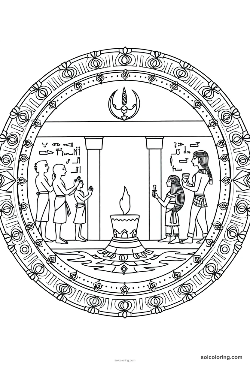 Mandala Hieroglyph Wall Scene of the Opening of the Mouth Ceremony mandala coloring page for kids