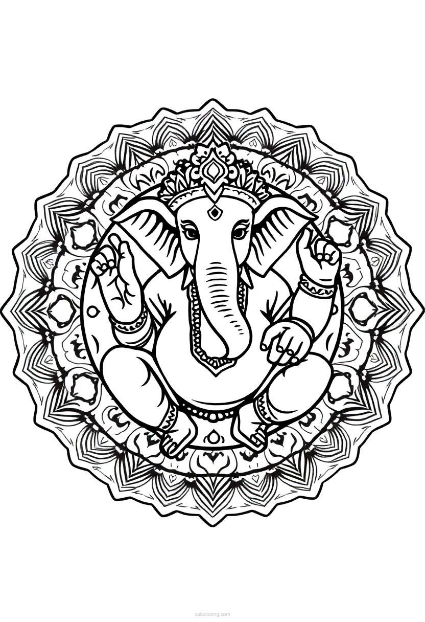 Hindu Ganesh Elephant Mandala coloring page for kids