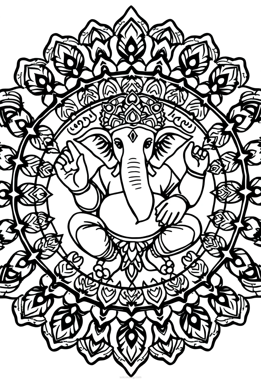 Hindu Ganesh Elephant Mandala coloring page for kids