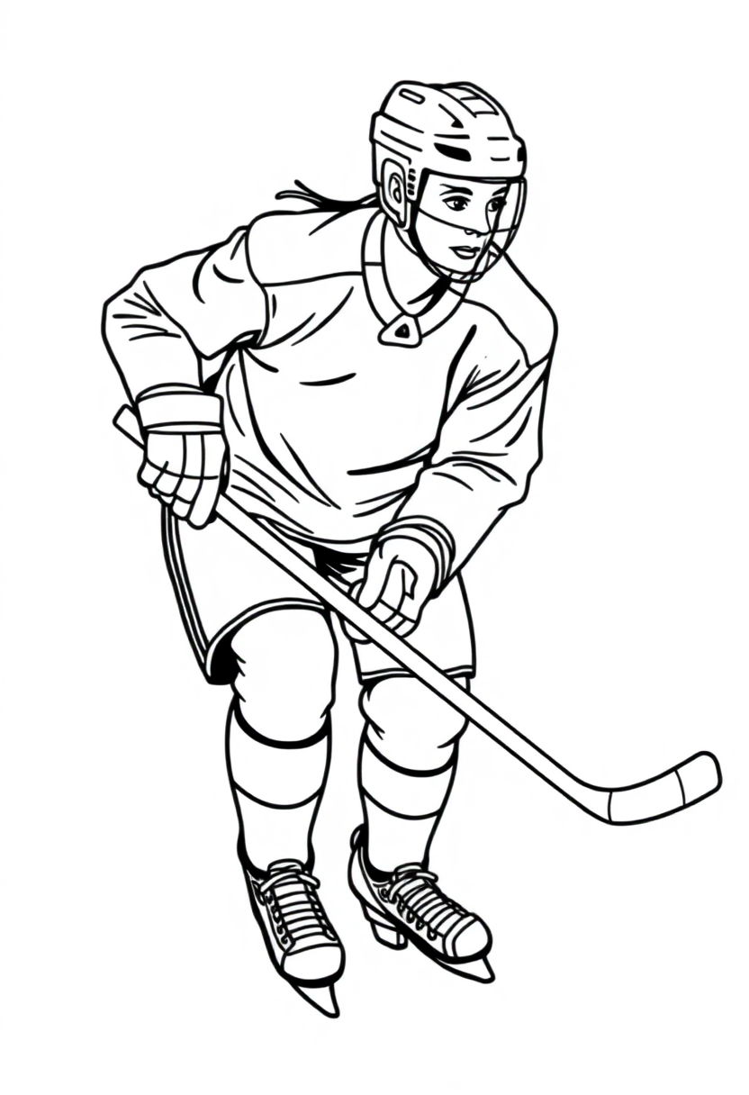 Hockey player coloring page showing athlete in uniform holding hockey stick with detailed outlines for printing