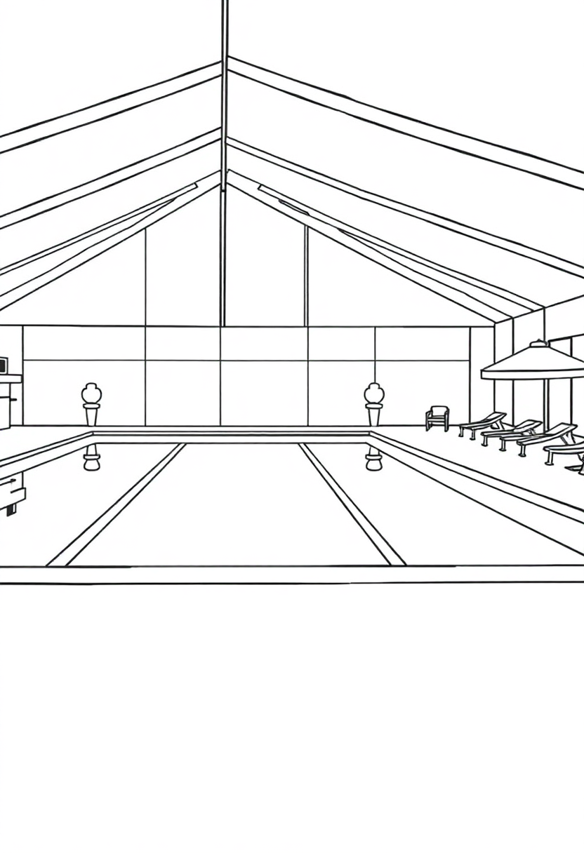Hockney Swimming Pool coloring page showing pool with geometric patterns, palm trees, and bold black outlines ready to color