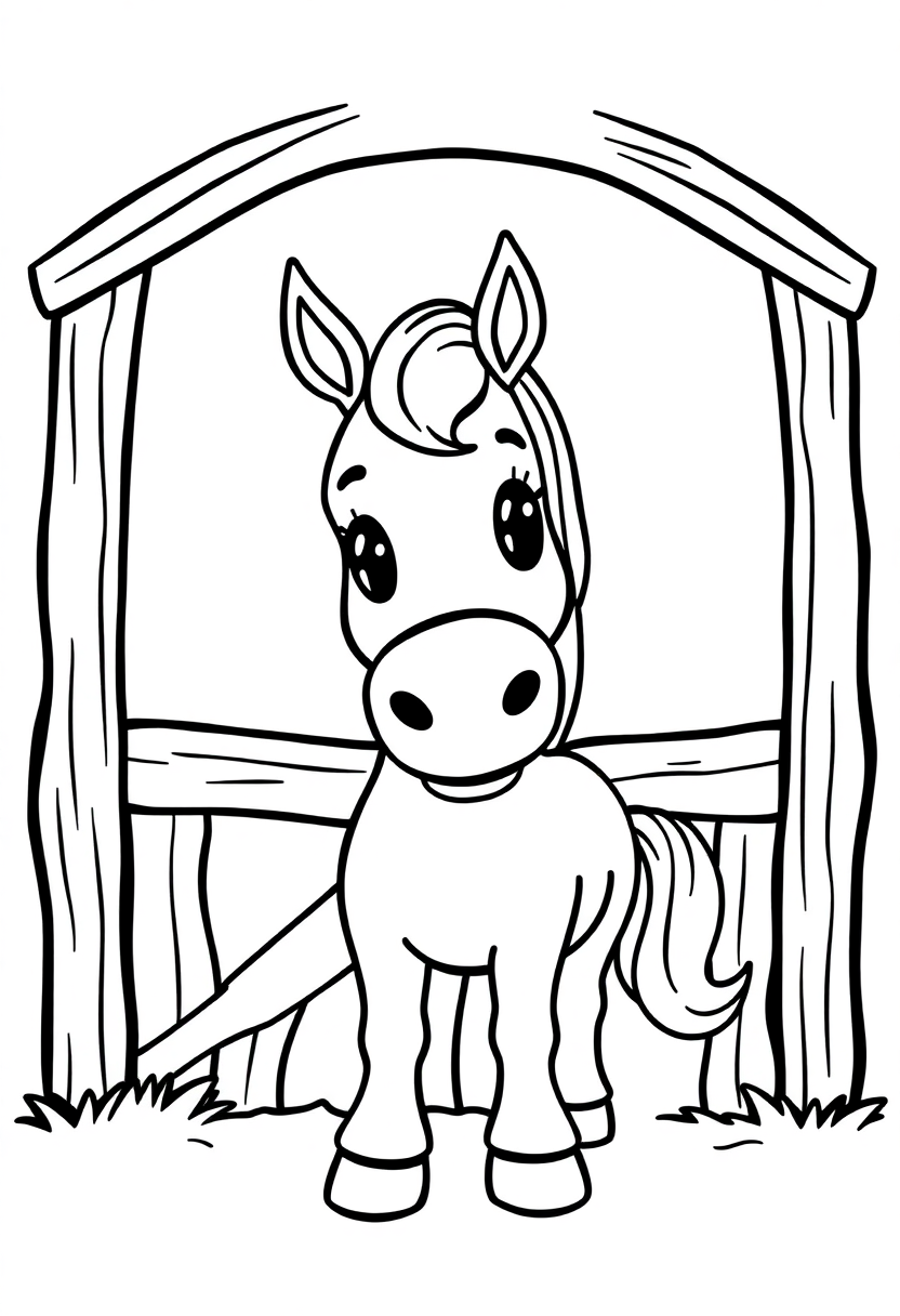 Horse in stable coloring page showing cute cartoon horse in barn with hay and stable door, black outline drawing