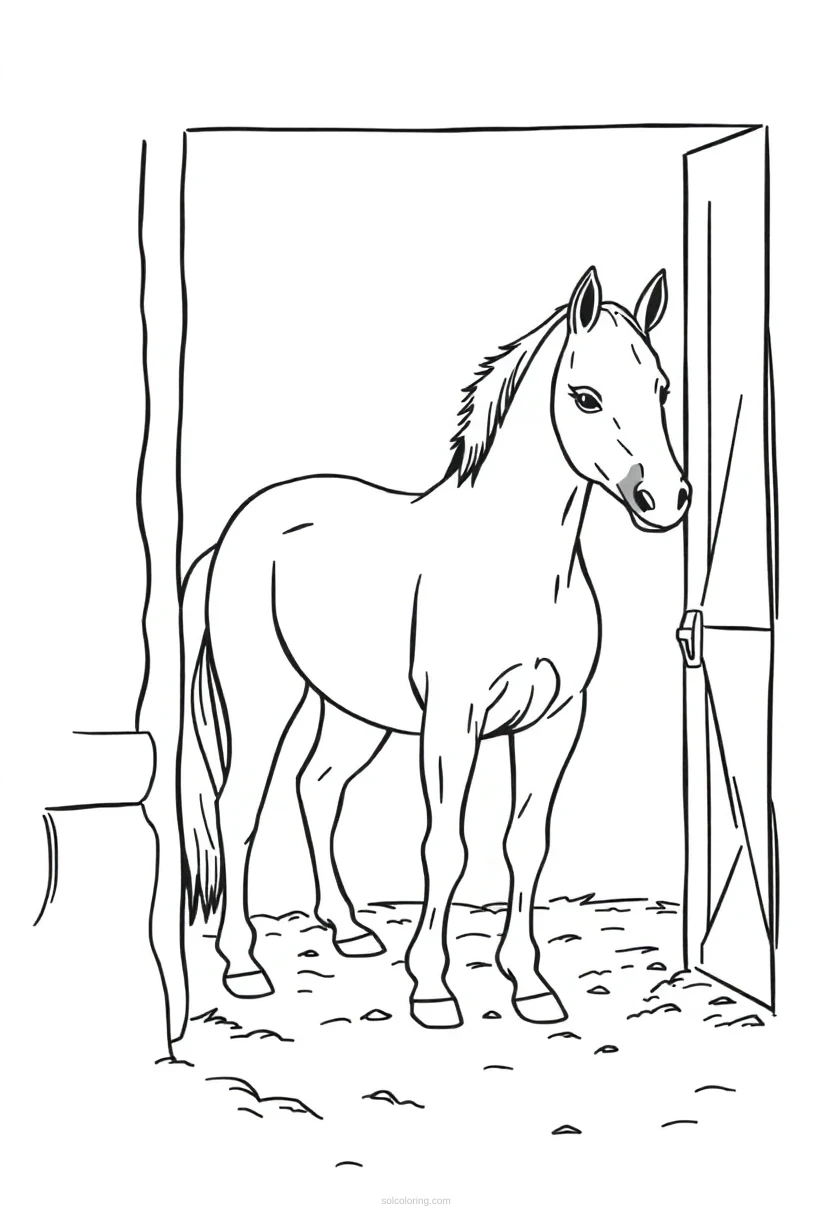 Horse in Stable coloring page for kids