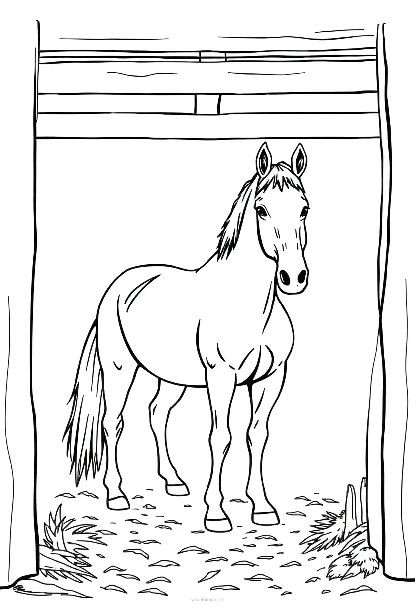 Horse in Stable coloring page for kids