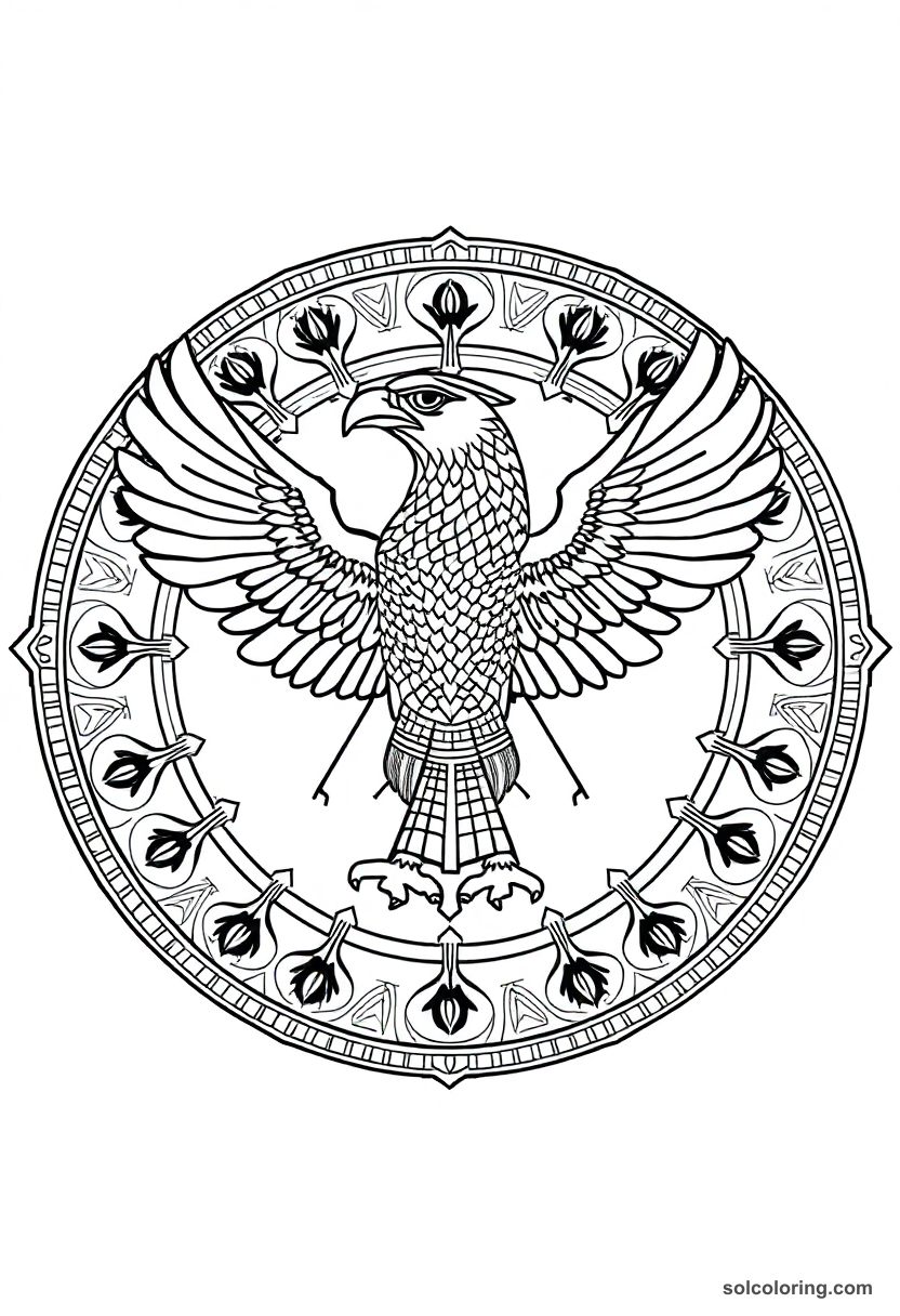 Mandala coloring page featuring Horus the falcon-headed Egyptian sky god surrounded by intricate circular patterns