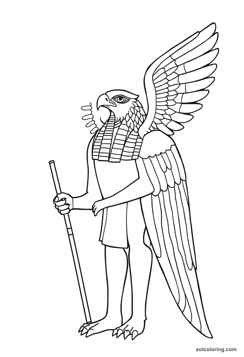 Horus falcon-headed Egyptian god coloring page with detailed wings, crown, and ancient Egyptian symbols for printing