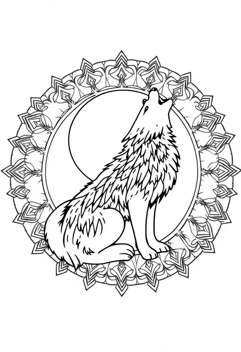 Howling Wolf at Moon coloring page, free printable