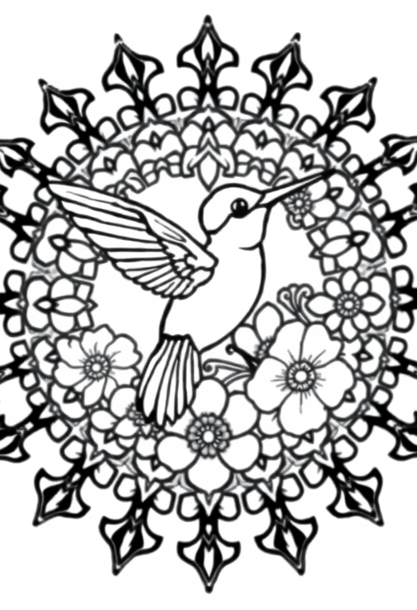 Hummingbird and Flowers Mandala coloring page for kids