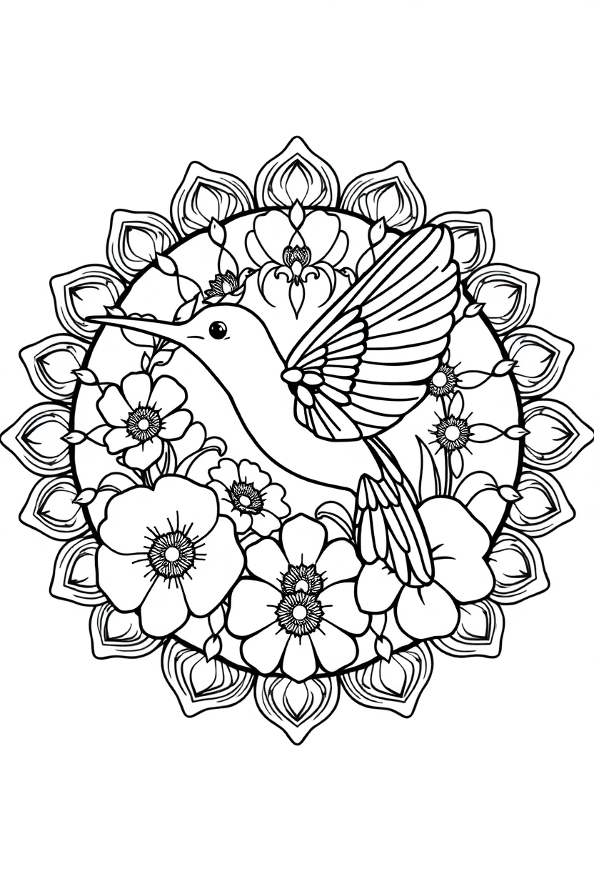 Hummingbird and Flowers Mandala coloring page for kids