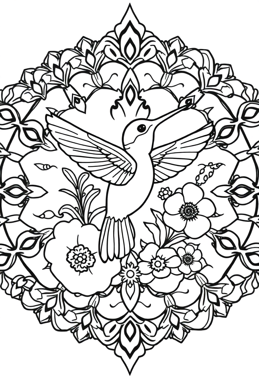 Hummingbird and Flowers Mandala coloring page for kids