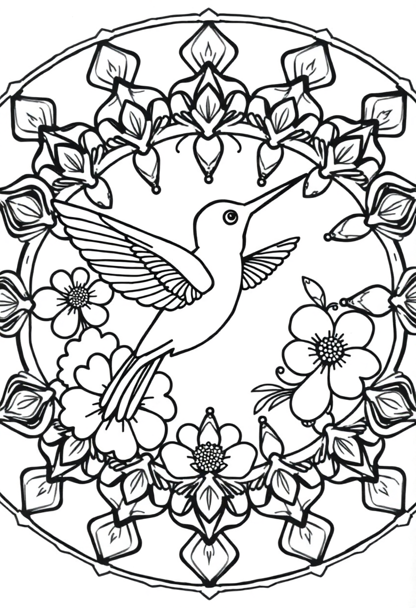 Hummingbird And Flowers Mandala coloring pages