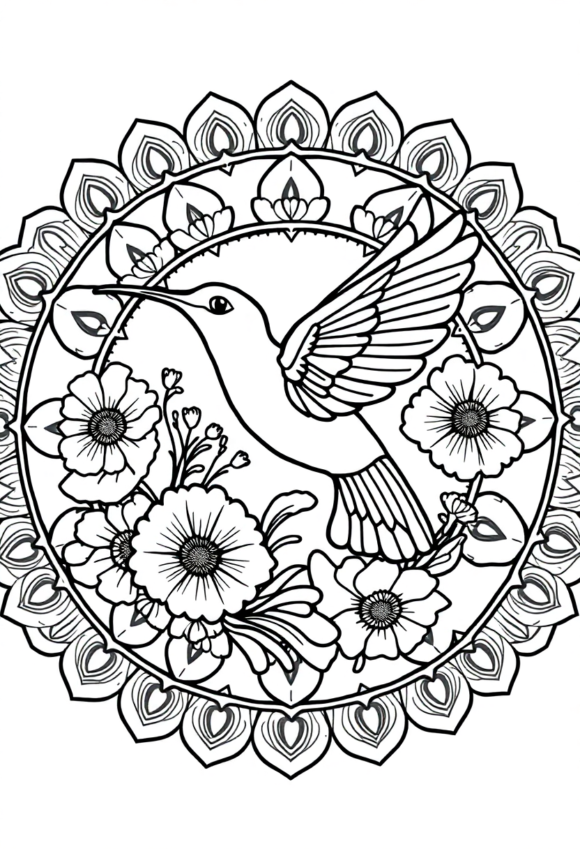 Hummingbird and Flowers Mandala coloring page for kids