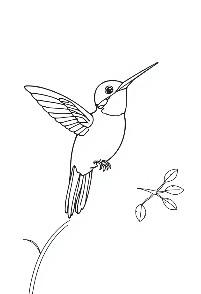 Simple hummingbird coloring page showing bird in flight with bold outlines, long beak and spread wings for easy coloring