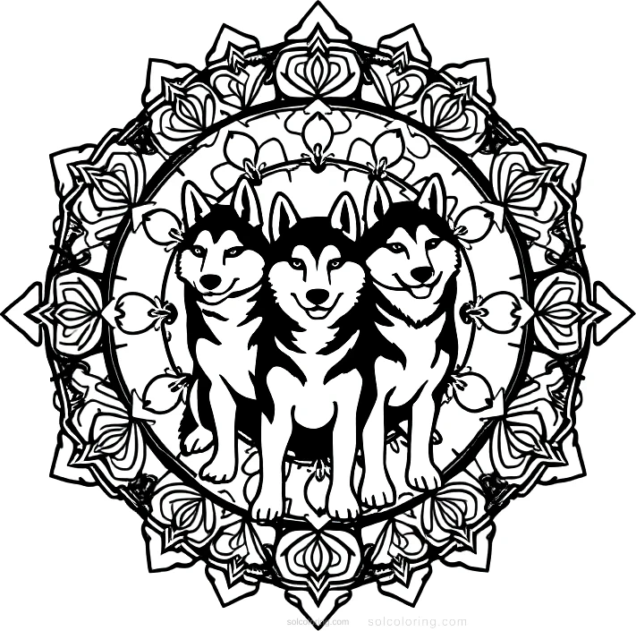 Husky Sled Dogs in Snow coloring page for kids