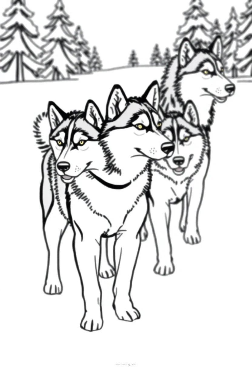 Husky Sled Dogs in Snow coloring page for kids