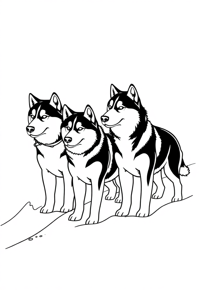 Husky Sled Dogs in Snow coloring page, free printable