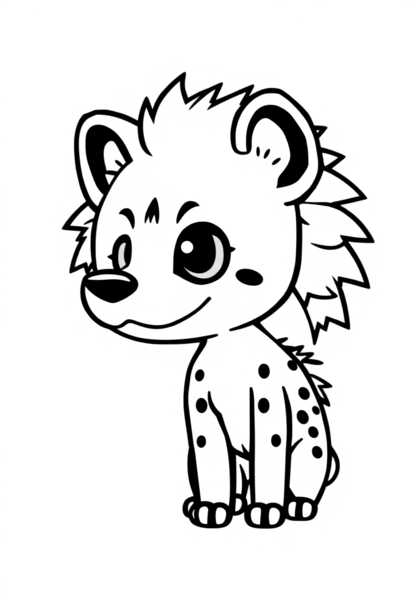Cute chibi hyena coloring page with bold outlines, featuring friendly cartoon hyena with big head and simple details for kids