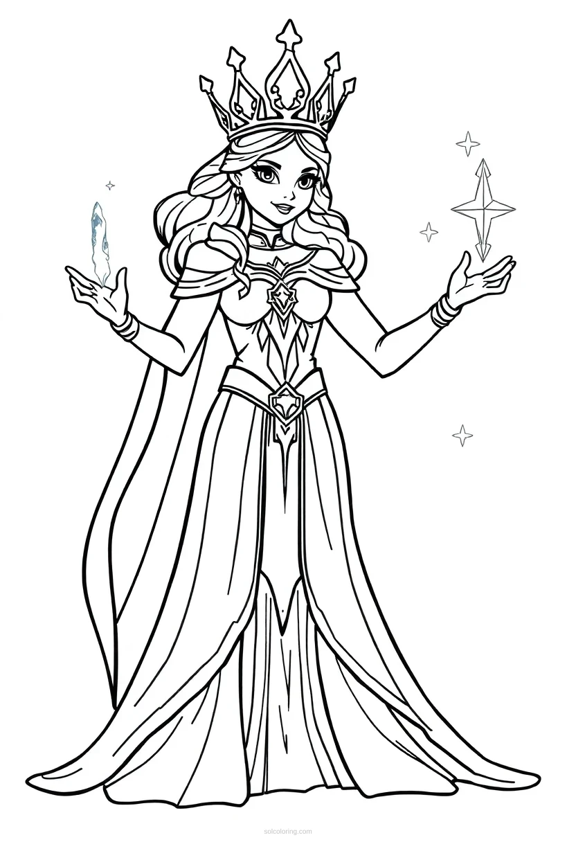Ice Queen with Frozen Powers coloring page for kids