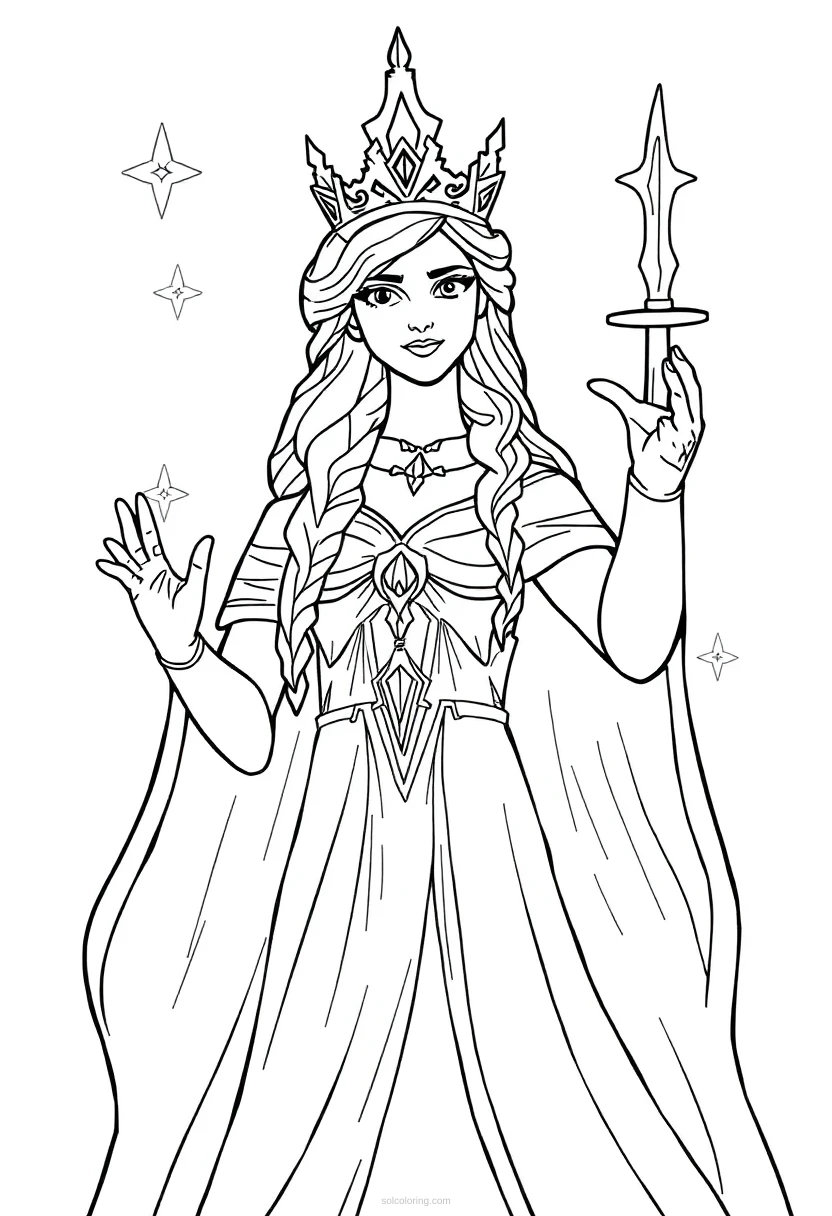 Ice Queen with Frozen Powers coloring page for kids
