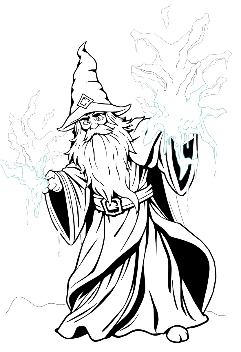 Ice Wizard with Frost Magic coloring page for kids