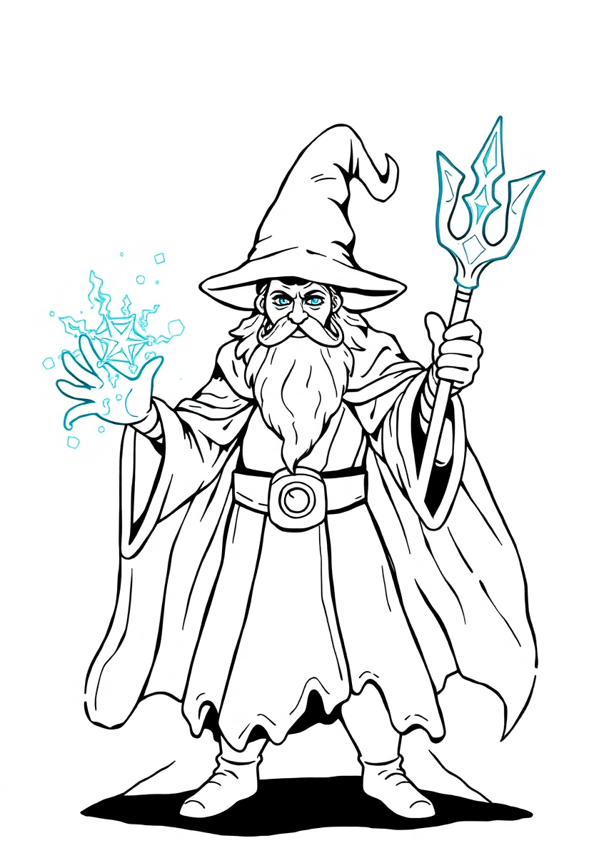 Ice Wizard with Frost Magic coloring page for kids