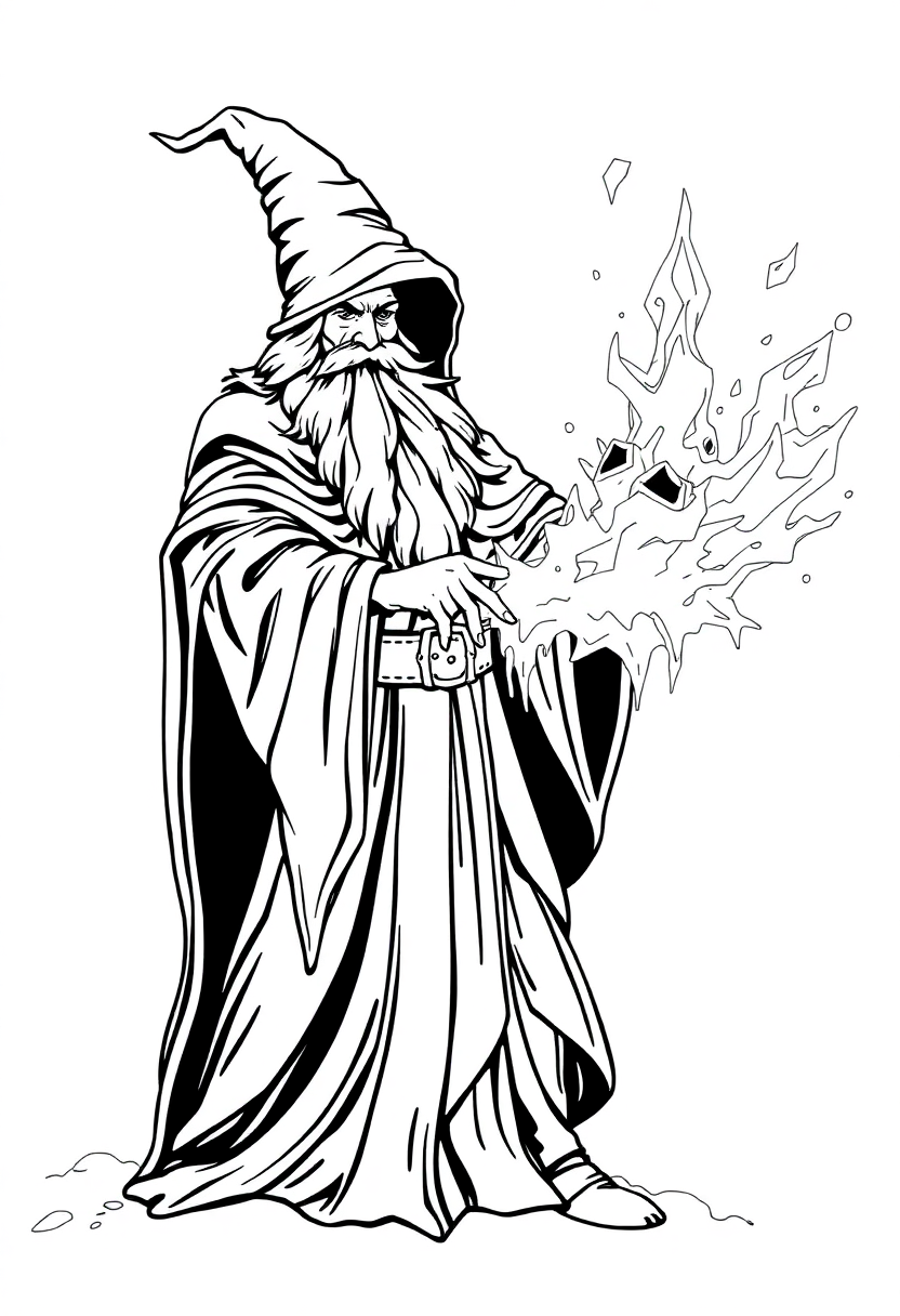 Ice Wizard with Frost Magic coloring page for kids