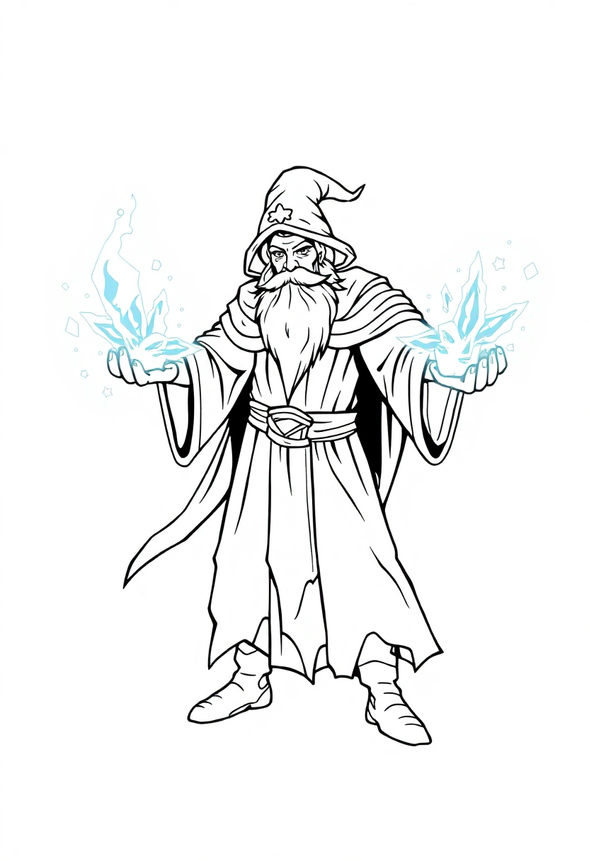 Ice Wizard with Frost Magic coloring page for kids