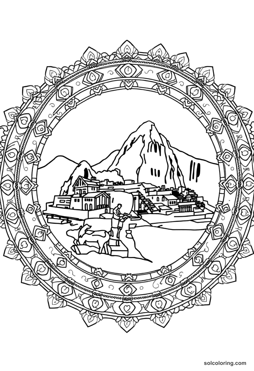 Mandala Inca Machu Picchu Daily Life coloring page, free printable mandala style