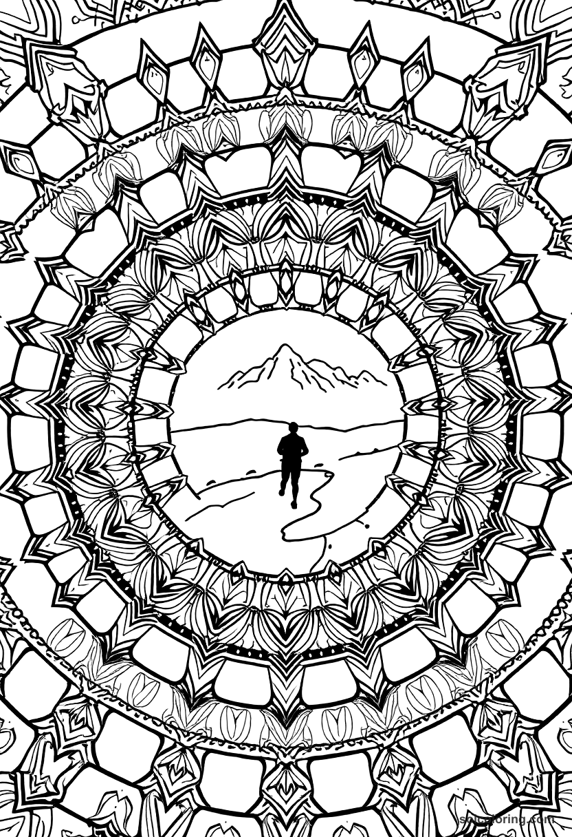 Mandala Inca Runner Relay System on Mountain Trail coloring page, free printable mandala style