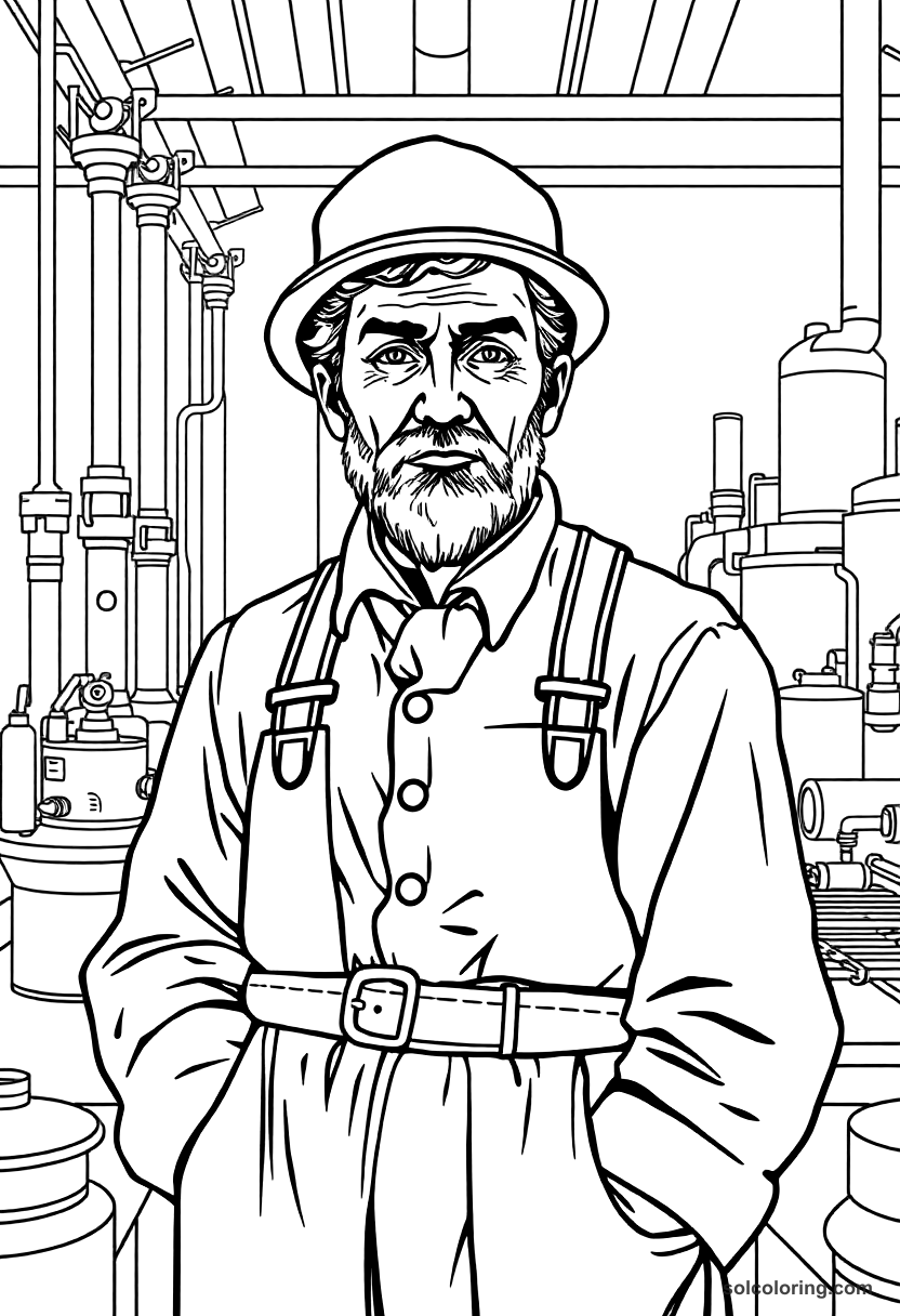 Industrial Revolution Factory Floor coloring page, free printable detailed style