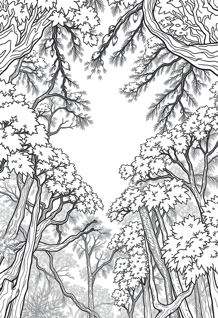 Intricate Forest Canopy coloring page, free printable