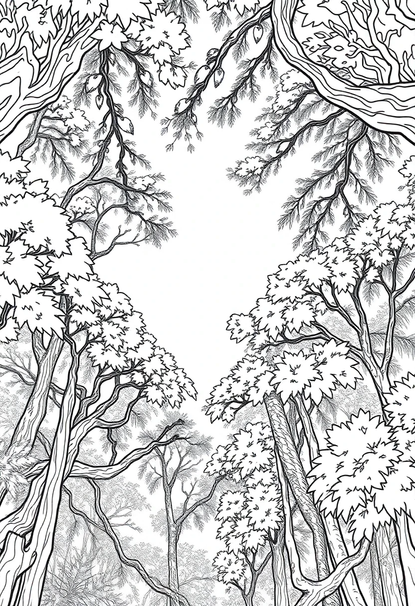 Intricate Forest Canopy coloring page for kids