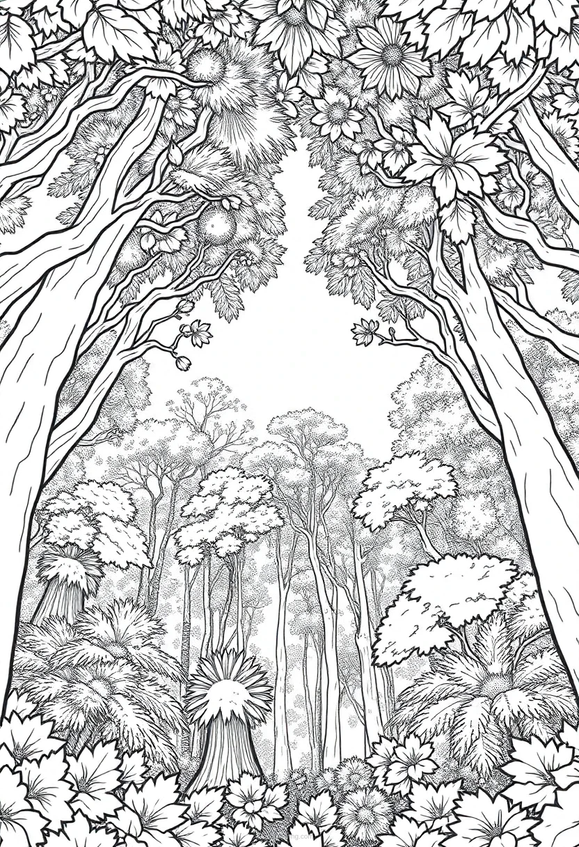 Intricate Forest Canopy coloring page for kids