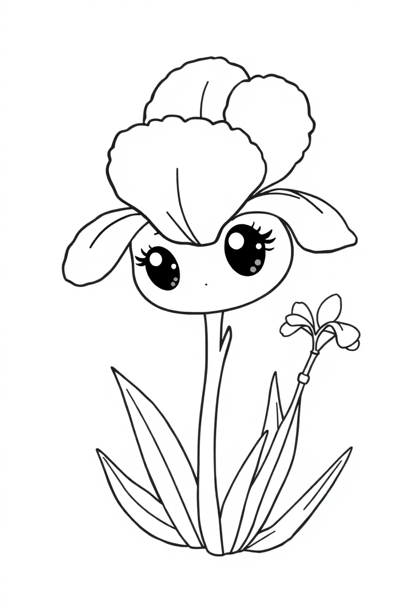 Iris Flowers in Bloom coloring page showing elegant iris flowers with bold outlines in chibi impressionist style