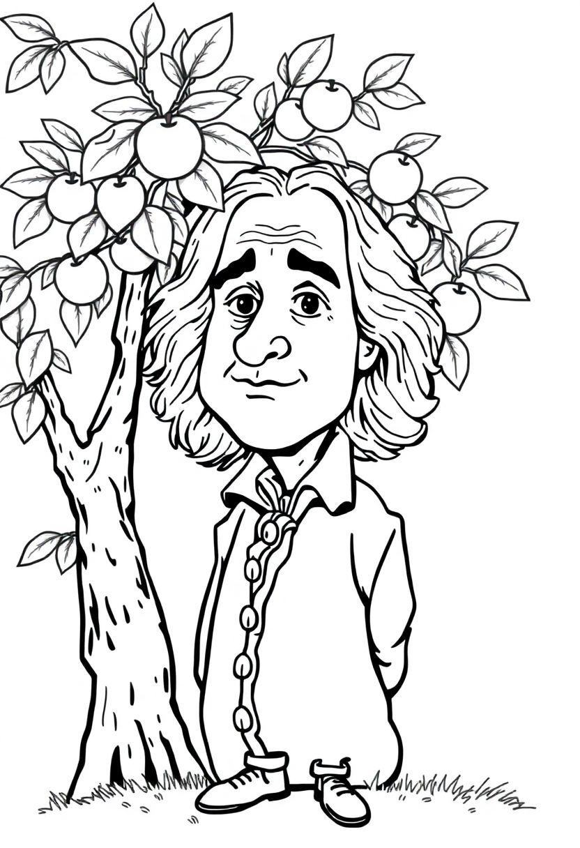 Isaac Newton Under Apple Tree coloring page showing chibi-style scientist sitting under tree with falling apples