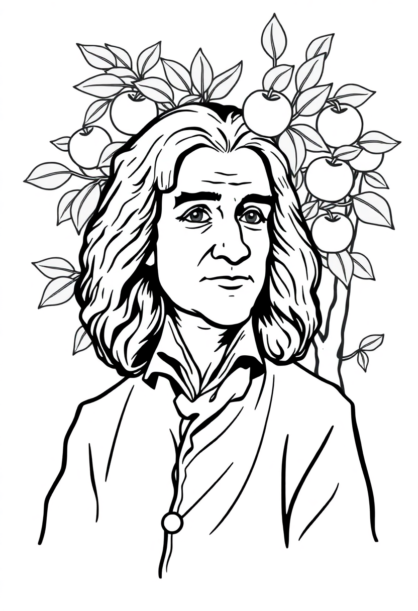 Isaac Newton Under Apple Tree coloring page, free printable