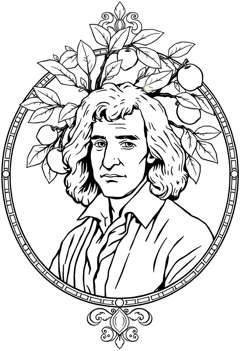 Isaac Newton Under Apple Tree coloring page, free printable