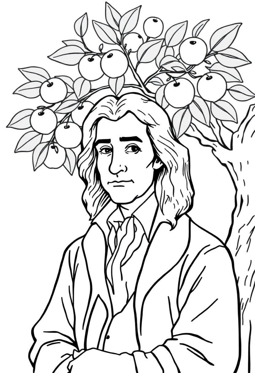 Isaac Newton Under Apple Tree coloring page, free printable